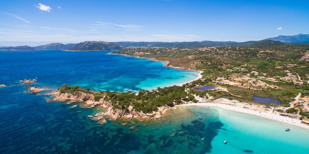 Aerial view of Palombaggia beach in Corsica Island in France