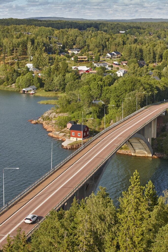 Finland landscape with lake and forest. Aland islands. Finstrom bridge