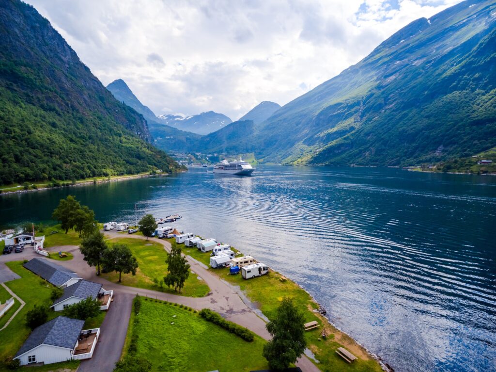 Geiranger fjord, Norway aerial photography.